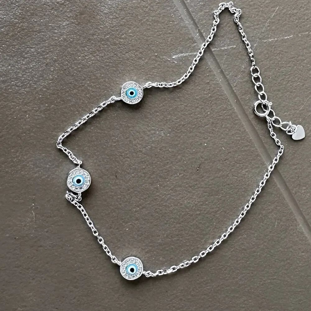 925 Sterling Silver Evil Eye CZ Anklet